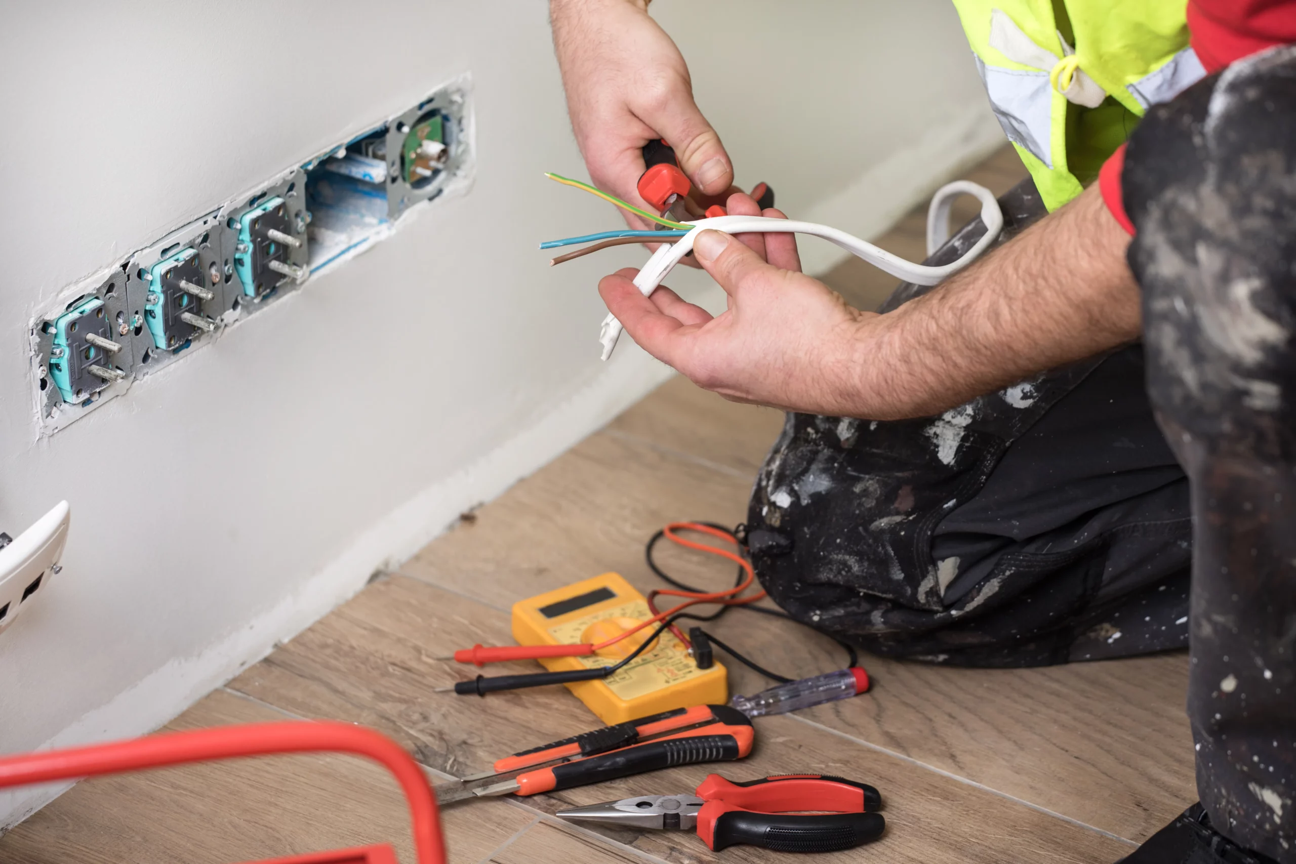 Professionell elinstallation i hemmet Elektriker arbetar med installation av eluttag och kablar vid en vägg.