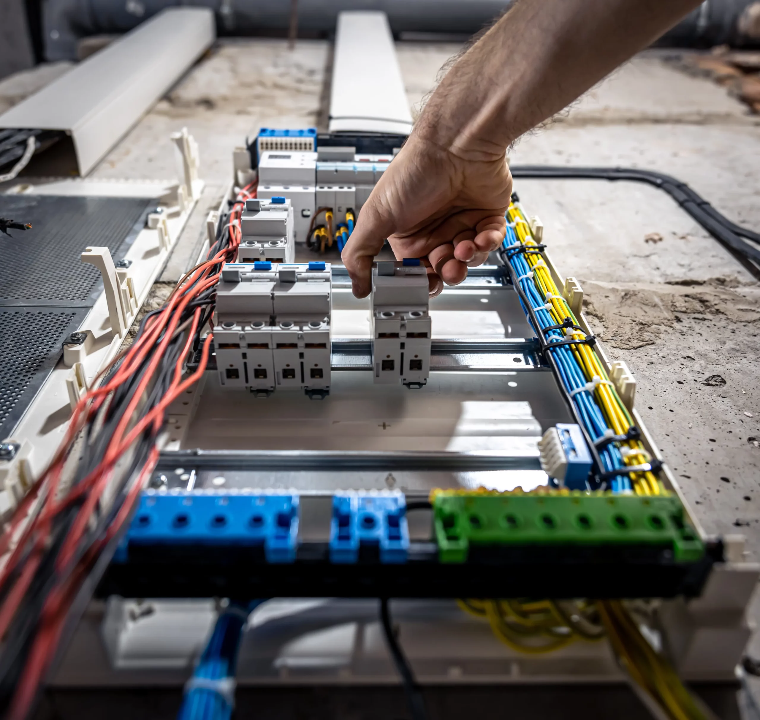 Installation av modern elcentral Närbild på en person som installerar automatsäkringar i ett nytt elskåp.